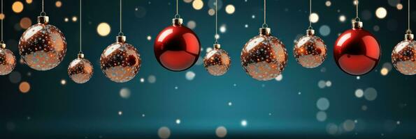christmas baubles in the snow, holiday balls hanging, christmas background, ai generative photo
