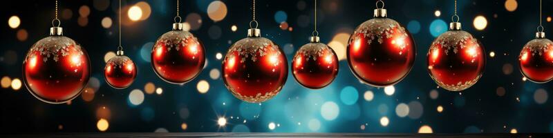 christmas baubles in the snow, holiday balls hanging, christmas background, ai generative photo
