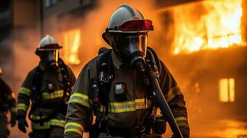 Unrecognizable firefighters in protective uniform and helmet with fire extinguisher standing near burning building. Generative AI photo