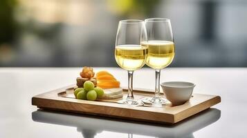 saborear el frescura de blanco frío vino emparejado perfectamente con un Exquisito plato de tentador delicias generativo ai foto