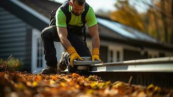 A man worker is cleaning a clogged roof gutter from dirt. Generative AI photo