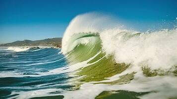 poderoso espumoso mar olas laminación y salpicaduras terminado agua superficie en contra nublado azul cielo, generativo ai foto