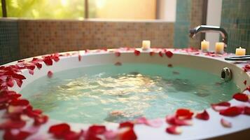 Bath of a jacuzzi with petals of roses, Generative AI photo