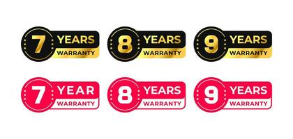7, 8, 9 Years Warranty label with gold color. seven, eight, nine warranty badge. for icon, logo, symbol, sign, label, sticker,  stamp, banner, tag, text, badge, emblem, seal. Vector illustration