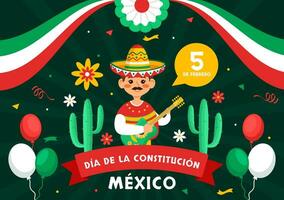 dia Delaware la constitucion vector ilustración. Traducción contento constitución día de mexico en febrero 5 5 con mexicano sombrero y ondulación bandera antecedentes