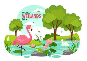 World Wetlands Day Vector Illustration on 2 February with Stork Animals and Garden Background in Holiday Celebration Flat Cartoon Design