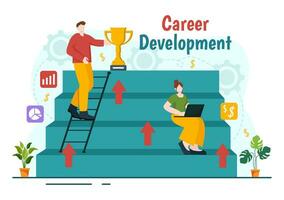 Career Development Vector Illustration with Ladder to Success and Growing Revenue on Improve Bar Graph in Business Goal Flat Background Design