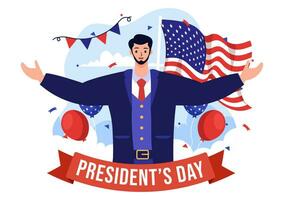 contento presidentes día vector ilustración en 19 febrero con presidente America y Estados Unidos bandera en plano dibujos animados antecedentes diseño