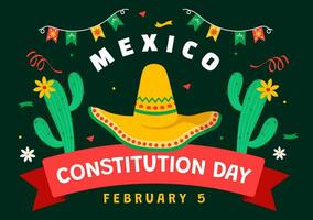 Dia De La Constitucion Vector Illustration. Translation Happy Constitution Day of Mexico on February 5 with Mexican Hat and Waving Flag Background