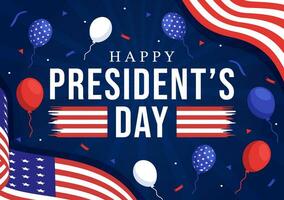 contento presidentes día vector ilustración en 19 febrero con presidente America y Estados Unidos bandera en plano dibujos animados antecedentes diseño