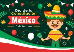 Dia De La Constitucion Vector Illustration. Translation Happy Constitution Day of Mexico on February 5 with Mexican Hat and Waving Flag Background