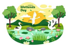 World Wetlands Day Vector Illustration on 2 February with Stork Animals and Garden Background in Holiday Celebration Flat Cartoon Design