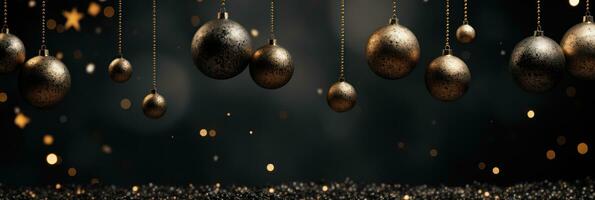 christmas baubles in the snow, holiday balls hanging, christmas background, ai generative photo