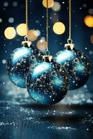 christmas baubles in the snow, holiday balls hanging, christmas background, ai generative photo