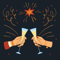 Man, woman hands clinking glasses with alcohol drinks. Friends persons celebrating holiday event, new year, Christmas, birthday vector