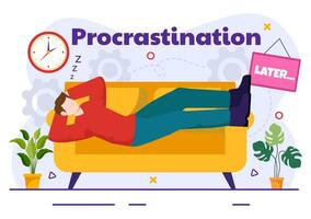 Procrastination Vector Illustration with Procrastinating Lazy Businessman Employees work of office worker in Flat Business Cartoon Background