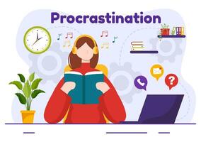 Procrastination Vector Illustration with Procrastinating Lazy Businessman Employees work of office worker in Flat Business Cartoon Background