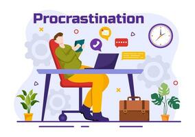 Procrastination Vector Illustration with Procrastinating Lazy Businessman Employees work of office worker in Flat Business Cartoon Background