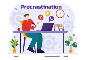 Procrastination Vector Illustration with Procrastinating Lazy Businessman Employees work of office worker in Flat Business Cartoon Background