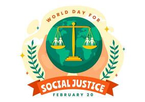 World Day of Social Justice Vector Illustration on February 20 with Scales or Hammer for a Just Relationship and Injustice Protection in Background