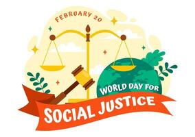 World Day of Social Justice Vector Illustration on February 20 with Scales or Hammer for a Just Relationship and Injustice Protection in Background