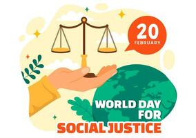 World Day of Social Justice Vector Illustration on February 20 with Scales or Hammer for a Just Relationship and Injustice Protection in Background
