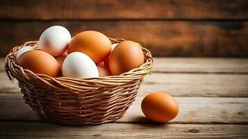 Eggs in a basket On a wooden background. Generative AI photo