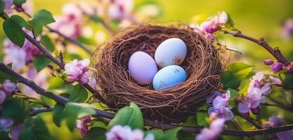 Bird Nest with Vibrant Easter Eggs Nestled in a Flowering Tree, Generative AI photo