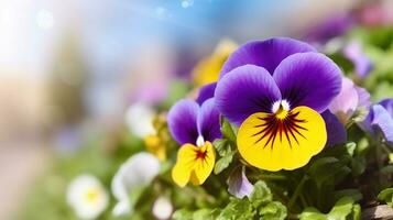 Closeup on pansy flower at sunny day, Generative AI photo