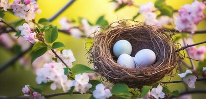 Bird nest in a flowering tree with easter eggs for Easter, Generative AI photo