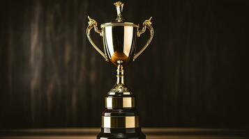 Low key image of trophy over wooden table and dark background, Generative AI photo