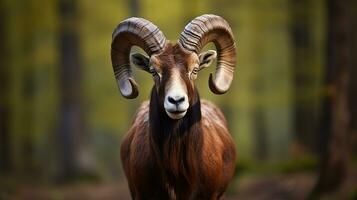 Portrait of a Mouflon, Ovis orientalis, in its Natural Forest Habitat, Showcasing Impressive Horns, Generative AI photo