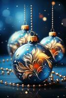 christmas baubles in the snow, holiday balls hanging, christmas background, ai generative photo