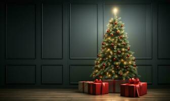 christmas tree is with presents,  large christmas tree, lights of christmas tree in the room christmas decoration, ai generative photo