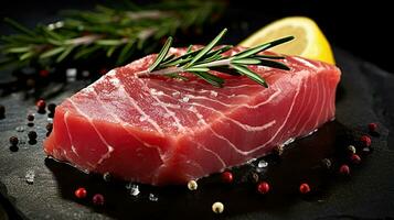 Fresh raw tuna steak with rosemary. Generative AI photo