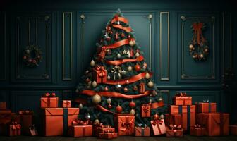 christmas tree is with presents,  large christmas tree, lights of christmas tree in the room christmas decoration, ai generative photo