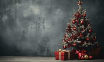 christmas tree is with presents,  large christmas tree, lights of christmas tree in the room christmas decoration, ai generative photo