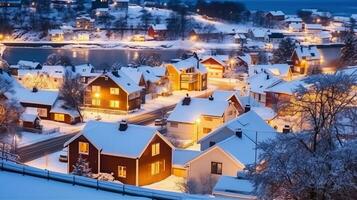 exterior residencial casas situado en Nevado calles de moderno ciudad con brillante luces en invierno tiempo. generativo ai foto