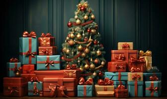 christmas tree is with presents,  large christmas tree, lights of christmas tree in the room christmas decoration, ai generative photo