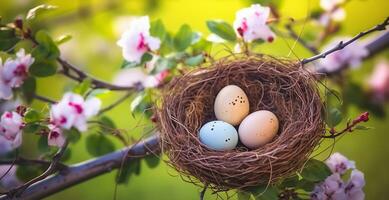 Bird Nest with Vibrant Easter Eggs Nestled in a Flowering Tree, Generative AI photo