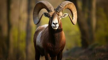 retrato de un muflón, ovis orientales, en sus natural bosque hábitat, exhibiendo impresionante cuernos, generativo ai foto