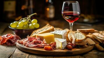 Delightful Delicacies, A Platter of Meat and Cheese with a Wine Glass on a Rustic Wooden Table. Generative AI photo