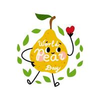 Cute smiling pear character holding a heart. World Pear Day concept. Kawaii fruit. Hand drawn vector illustration. Cartoon pear character.