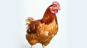 Red domestic chicken standing on white background. Generative AI photo