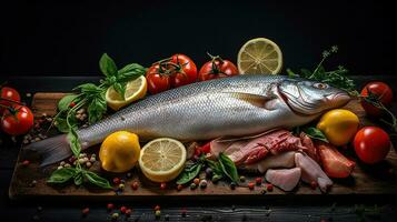 Fresco pescado y Mariscos en negro rústico antecedentes. generativo ai foto