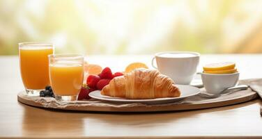 desayuno con naranja jugo y Fresco cruasanes, generativo ai foto