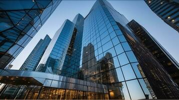 From below of entrance of office building next to contemporary high rise structures with glass mirrored walls and illuminated lights in city against cloudless blue sky. Generative AI photo