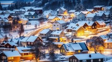 High angle view of exterior residential houses located on snowy streets of modern city with glowing lights in winter time. Generative AI photo