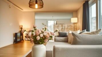 contemporáneo vivo habitación interior con cojines en sofá en contra floreciente flores en florero en mesa debajo lámpara en casa. generativo ai foto
