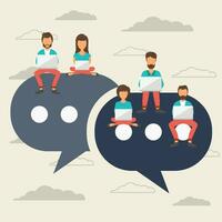 People sitting on big symbols. Speech bubbles for comment and reply concept. Flat vector illustration of young people using lap top for texting and leaving comments in social networks.